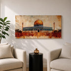 Panoramic abstract painting of the Dome of the Rock rising above the Jerusalem skyline with its golden dome glowing among historic stone buildings and mosque structures. Textured brushstrokes create layered architecture arches and rooftops while warm gold beige and blue tones spread across the wide Middle Eastern cityscape.