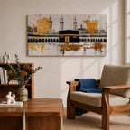 Panoramic painting of the Kaaba in Mecca centered within Masjid al Haram featuring the black cube sanctuary draped in the kiswah with gold calligraphy bands. Tall mosque minarets and long arched colonnades frame the courtyard while bold gold abstract paint textures and layered architectural lines extend across the wide horizontal composition.