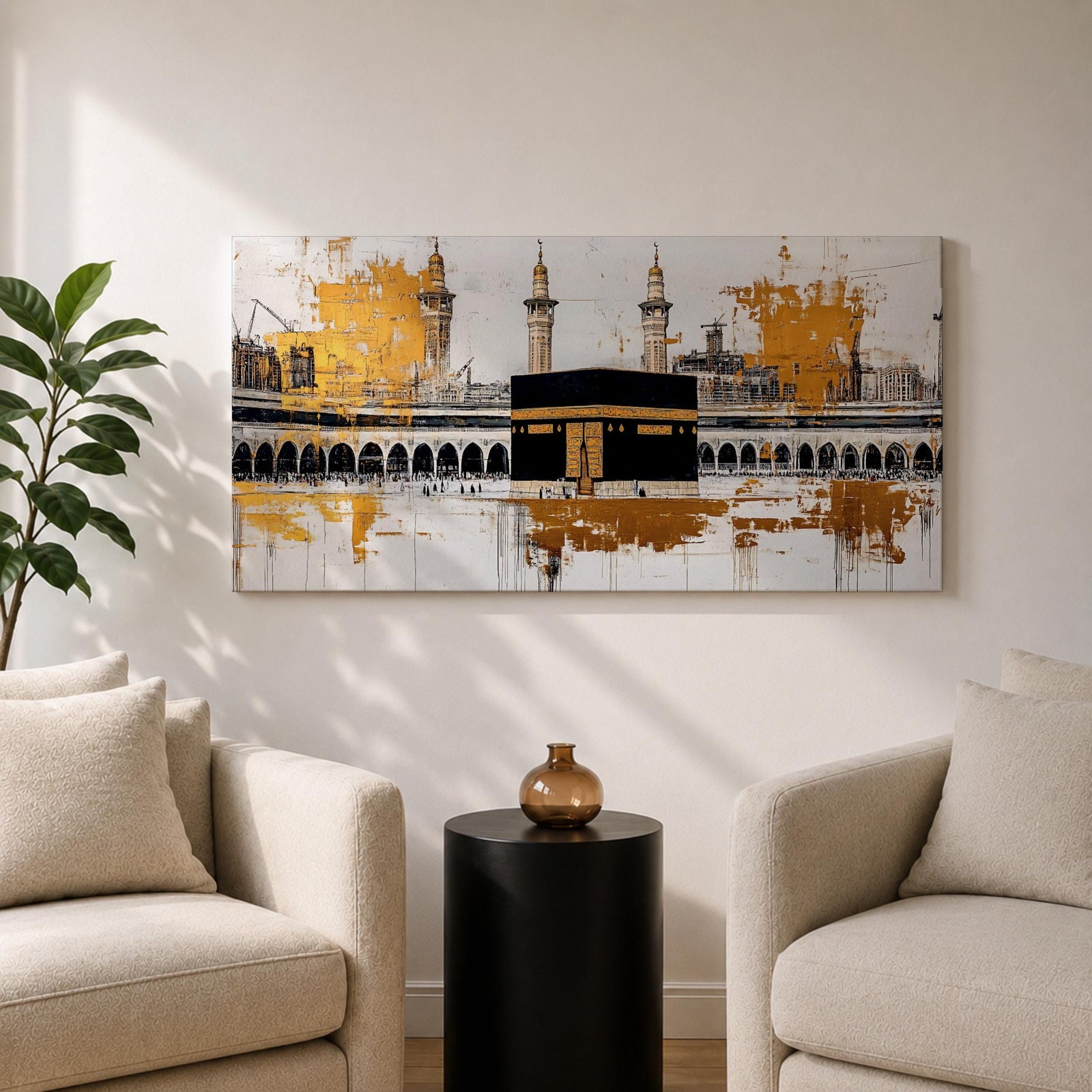 Panoramic painting of the Kaaba in Mecca centered within Masjid al Haram featuring the black cube sanctuary draped in the kiswah with gold calligraphy bands. Tall mosque minarets and long arched colonnades frame the courtyard while bold gold abstract paint textures and layered architectural lines extend across the wide horizontal composition.