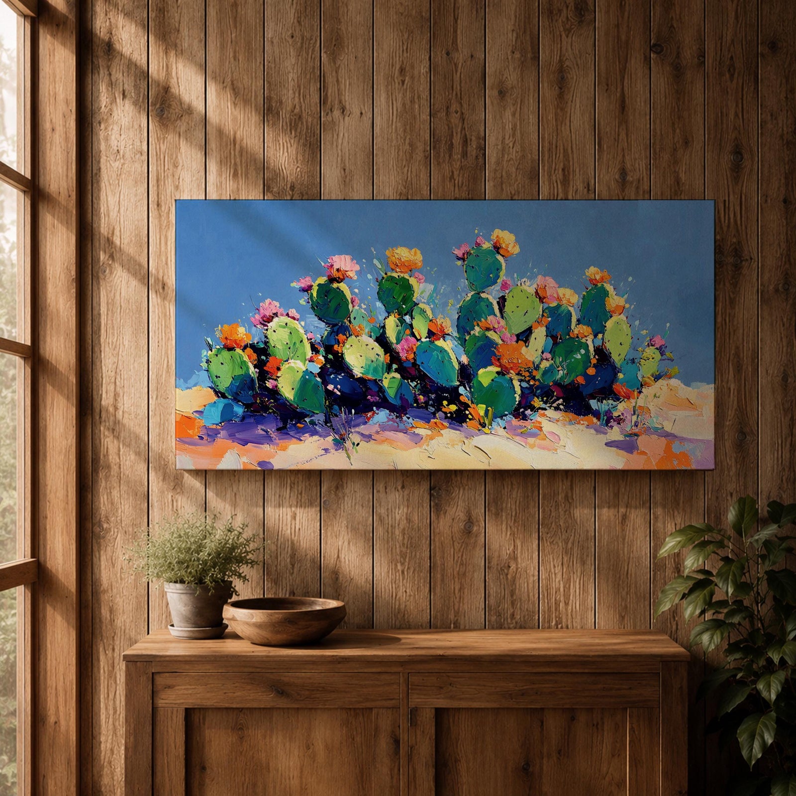 Panoramic painting of desert prickly pear cactus plants with bright pink and yellow blooming flowers growing across a colorful arid landscape. Thick palette knife brushstrokes create textured cactus pads vibrant blossoms and layered desert hills beneath a glowing sky forming a wide southwestern desert scene.