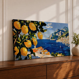 Panoramic painting of bright yellow lemons hanging from leafy branches overlooking the Amalfi Coast with deep blue Mediterranean water, sailboats, and a hillside Italian village with terracotta roofs beneath rugged mountains. Thick palette knife brushstrokes create textured citrus fruit foliage and coastal architecture in a wide landscape composition.