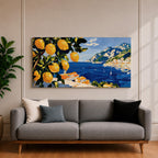 Panoramic painting of bright yellow lemons hanging from leafy branches overlooking the Amalfi Coast with deep blue Mediterranean water, sailboats, and a hillside Italian village with terracotta roofs beneath rugged mountains. Thick palette knife brushstrokes create textured citrus fruit foliage and coastal architecture in a wide landscape composition.