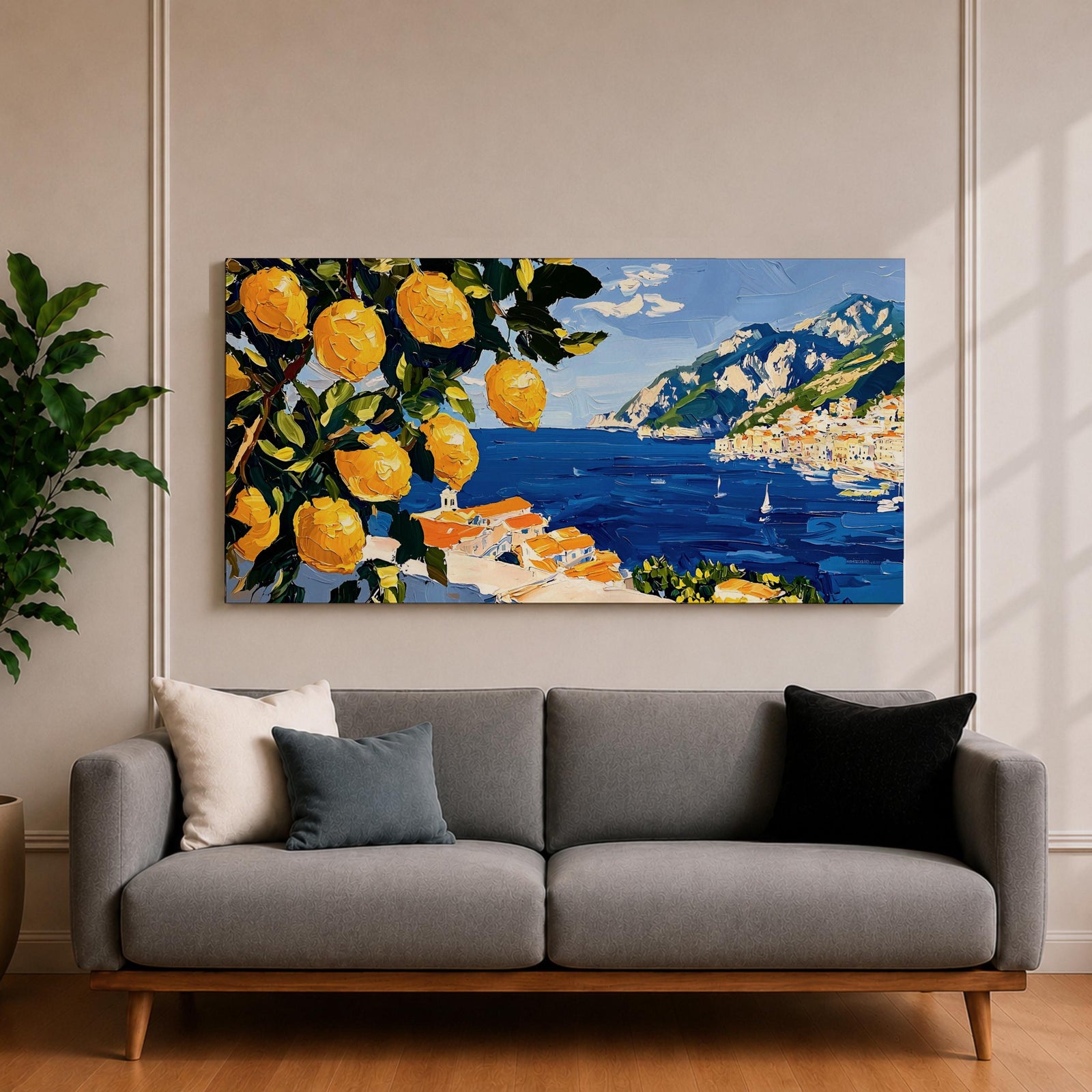 Panoramic painting of bright yellow lemons hanging from leafy branches overlooking the Amalfi Coast with deep blue Mediterranean water, sailboats, and a hillside Italian village with terracotta roofs beneath rugged mountains. Thick palette knife brushstrokes create textured citrus fruit foliage and coastal architecture in a wide landscape composition.