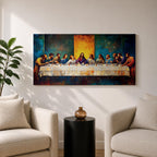 Panoramic painting of the Last Supper showing Jesus seated at the center of a long table surrounded by the twelve apostles. The scene features expressive brush textures with deep blue and warm gold tones while a glowing light behind Christ creates a strong focal point across the wide horizontal composition.