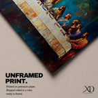 Panoramic painting of the Last Supper showing Jesus seated at the center of a long table surrounded by the twelve apostles. The scene features expressive brush textures with deep blue and warm gold tones while a glowing light behind Christ creates a strong focal point across the wide horizontal composition.