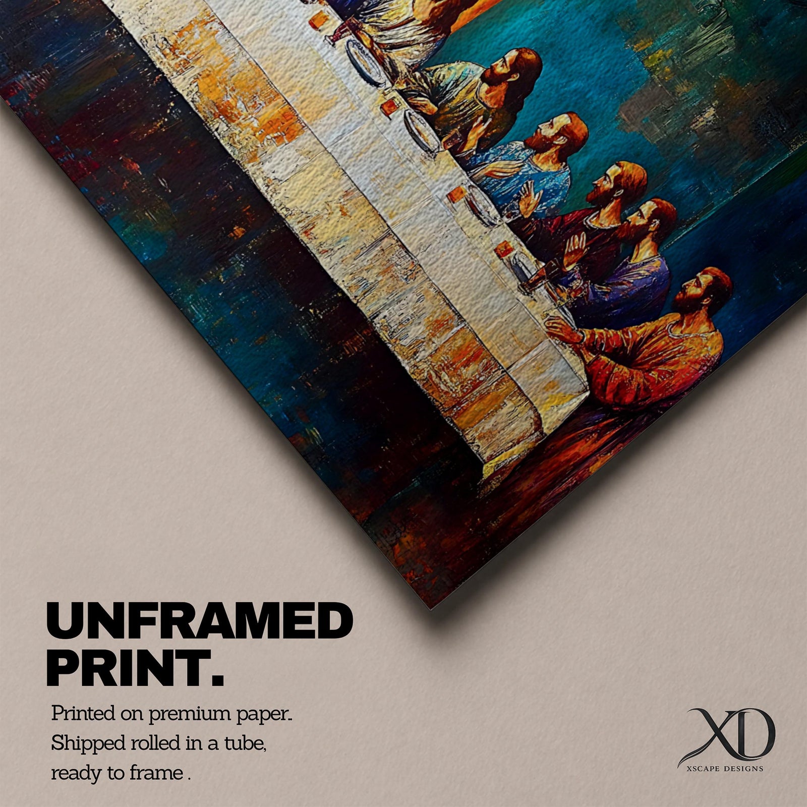 Panoramic painting of the Last Supper showing Jesus seated at the center of a long table surrounded by the twelve apostles. The scene features expressive brush textures with deep blue and warm gold tones while a glowing light behind Christ creates a strong focal point across the wide horizontal composition.
