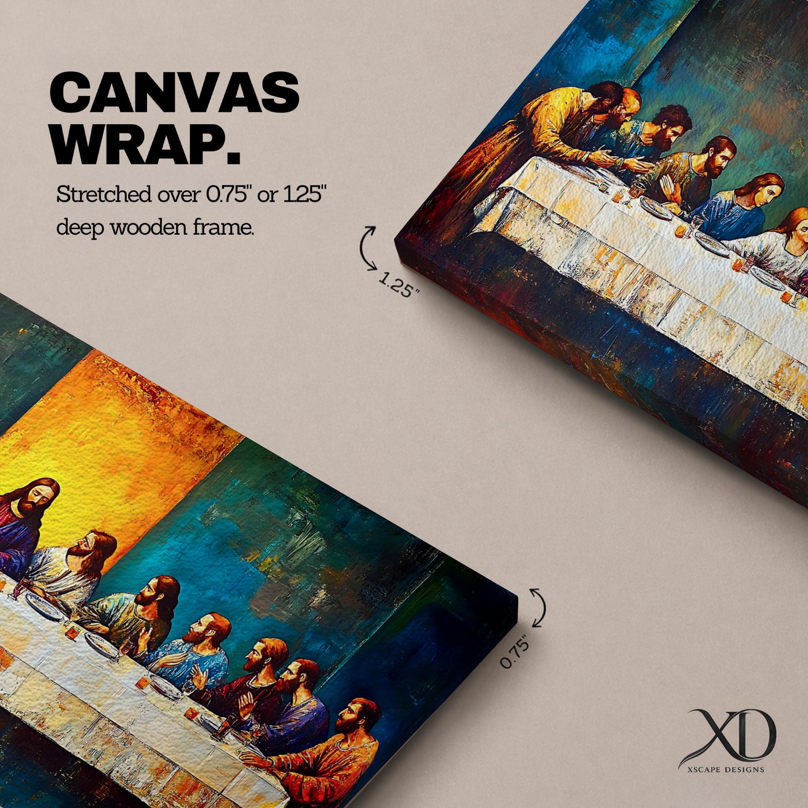 Panoramic painting of the Last Supper showing Jesus seated at the center of a long table surrounded by the twelve apostles. The scene features expressive brush textures with deep blue and warm gold tones while a glowing light behind Christ creates a strong focal point across the wide horizontal composition.