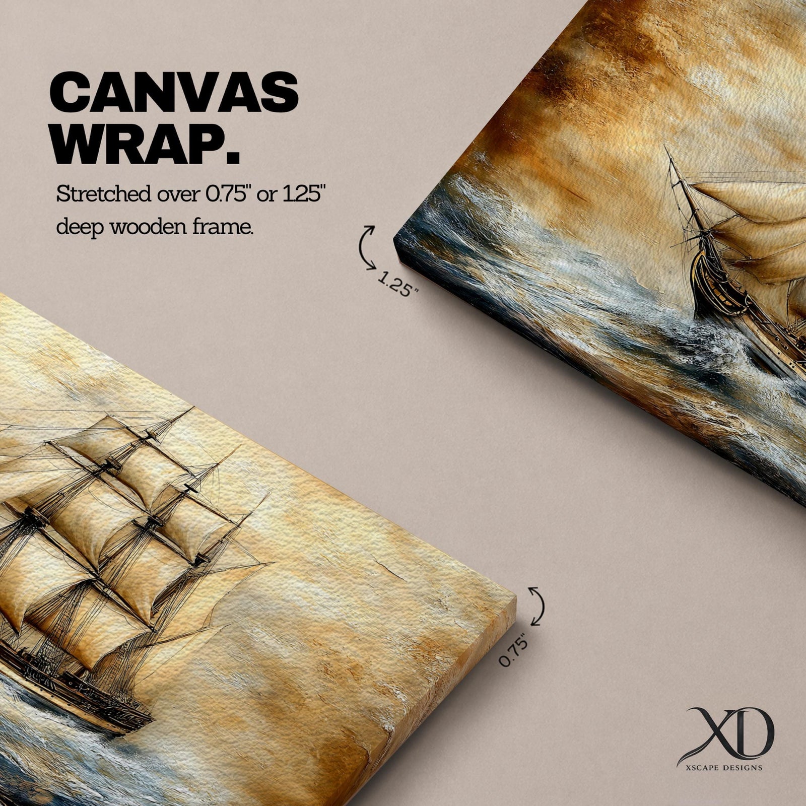 Panoramic painting of a large windjammer sailing ship with tall white sails fully extended as it moves across textured ocean waves beneath a glowing sunset sky. Thick expressive brushstrokes form rolling water dramatic clouds and detailed rigging creating a wide vintage maritime seascape composition.