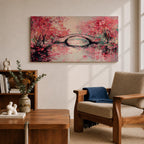 Panoramic painting of blooming cherry blossom trees with soft pink petals surrounding a curved bridge over calm water during spring. Layers of textured brushstrokes form clusters of blossoms drifting across the scene while reflections shimmer on the surface creating a wide Japanese inspired spring landscape composition.