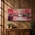 Panoramic painting of blooming cherry blossom trees with soft pink petals surrounding a curved bridge over calm water during spring. Layers of textured brushstrokes form clusters of blossoms drifting across the scene while reflections shimmer on the surface creating a wide Japanese inspired spring landscape composition.