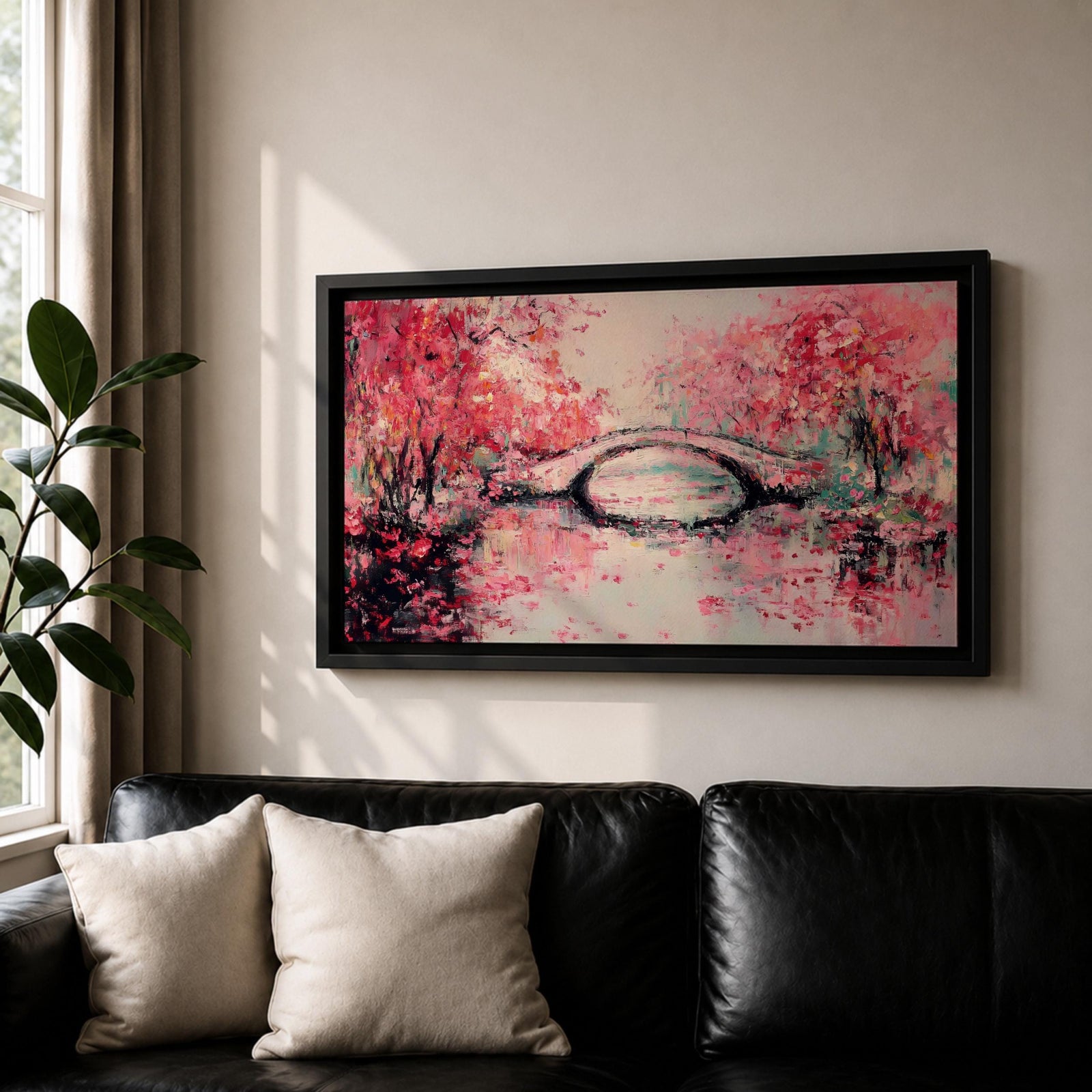 Panoramic painting of blooming cherry blossom trees with soft pink petals surrounding a curved bridge over calm water during spring. Layers of textured brushstrokes form clusters of blossoms drifting across the scene while reflections shimmer on the surface creating a wide Japanese inspired spring landscape composition.