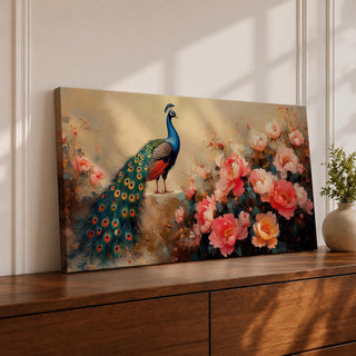 Panoramic painting of a vibrant peacock standing among blooming pink and coral peony flowers with its long iridescent tail cascading across the composition. Thick palette knife brushstrokes form layered petals textured foliage and detailed feather eyes creating a wide horizontal floral bird scene with rich color contrast.