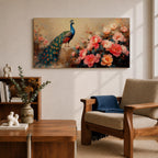 Panoramic painting of a vibrant peacock standing among blooming pink and coral peony flowers with its long iridescent tail cascading across the composition. Thick palette knife brushstrokes form layered petals textured foliage and detailed feather eyes creating a wide horizontal floral bird scene with rich color contrast.