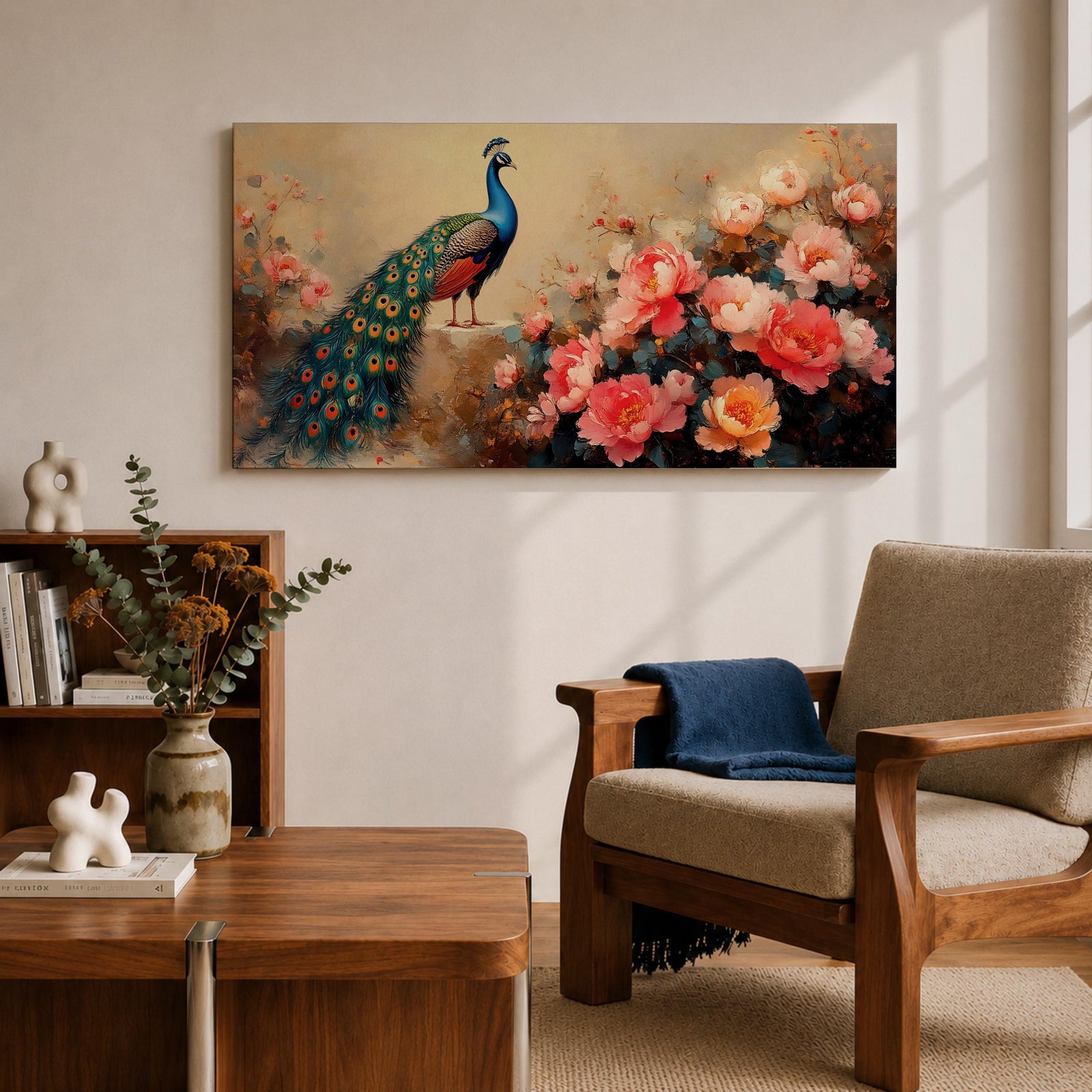 Panoramic painting of a vibrant peacock standing among blooming pink and coral peony flowers with its long iridescent tail cascading across the composition. Thick palette knife brushstrokes form layered petals textured foliage and detailed feather eyes creating a wide horizontal floral bird scene with rich color contrast.