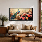 Panoramic painting of a vibrant peacock standing among blooming pink and coral peony flowers with its long iridescent tail cascading across the composition. Thick palette knife brushstrokes form layered petals textured foliage and detailed feather eyes creating a wide horizontal floral bird scene with rich color contrast.