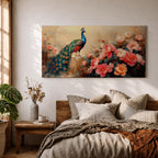 Panoramic painting of a vibrant peacock standing among blooming pink and coral peony flowers with its long iridescent tail cascading across the composition. Thick palette knife brushstrokes form layered petals textured foliage and detailed feather eyes creating a wide horizontal floral bird scene with rich color contrast.