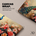Panoramic painting of a vibrant peacock standing among blooming pink and coral peony flowers with its long iridescent tail cascading across the composition. Thick palette knife brushstrokes form layered petals textured foliage and detailed feather eyes creating a wide horizontal floral bird scene with rich color contrast.