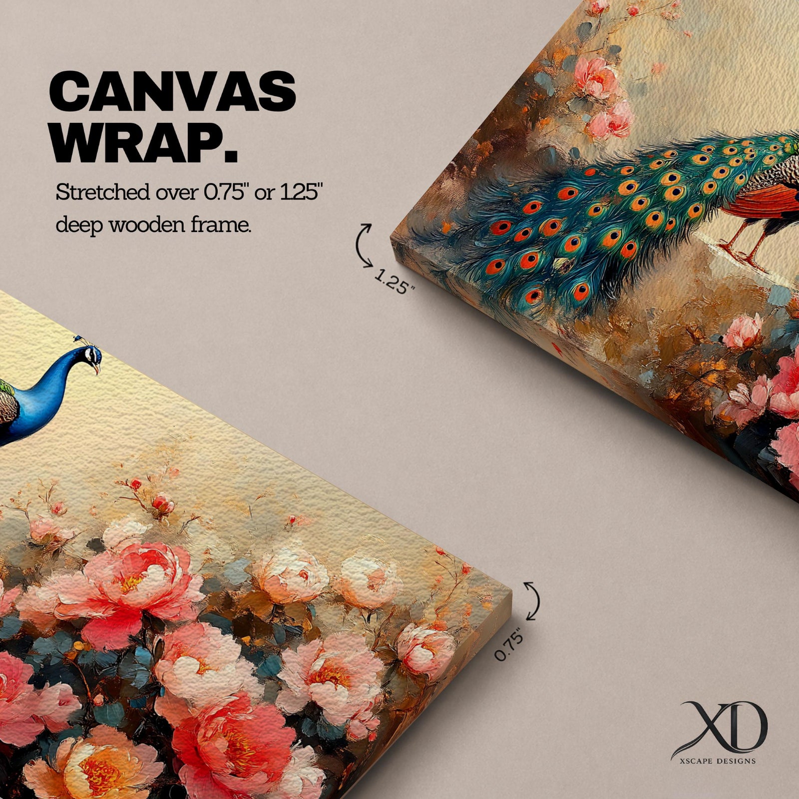 Panoramic painting of a vibrant peacock standing among blooming pink and coral peony flowers with its long iridescent tail cascading across the composition. Thick palette knife brushstrokes form layered petals textured foliage and detailed feather eyes creating a wide horizontal floral bird scene with rich color contrast.