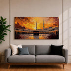Panoramic impressionist painting of the Kaaba at Masjid al Haram in Mecca with the black cube sanctuary centered within the mosque courtyard. Tall minarets rise above surrounding arcades while dramatic golden sunset skies and expressive brushstrokes fill the wide horizontal composition with warm light and movement.