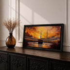 Panoramic impressionist painting of the Kaaba at Masjid al Haram in Mecca with the black cube sanctuary centered within the mosque courtyard. Tall minarets rise above surrounding arcades while dramatic golden sunset skies and expressive brushstrokes fill the wide horizontal composition with warm light and movement.