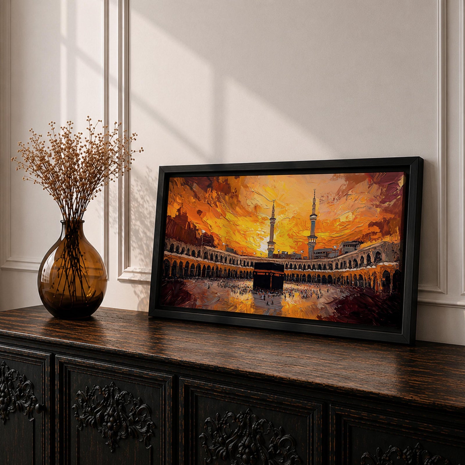 Panoramic impressionist painting of the Kaaba at Masjid al Haram in Mecca with the black cube sanctuary centered within the mosque courtyard. Tall minarets rise above surrounding arcades while dramatic golden sunset skies and expressive brushstrokes fill the wide horizontal composition with warm light and movement.