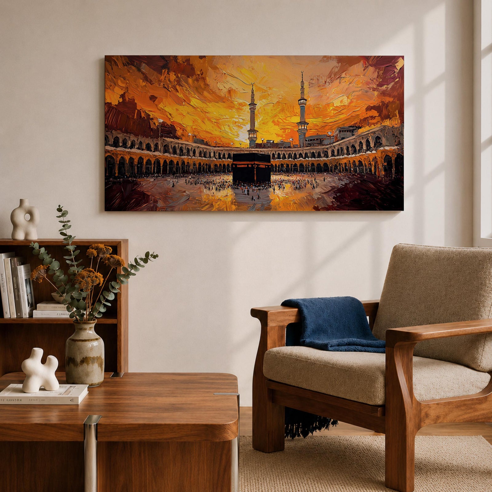 Panoramic impressionist painting of the Kaaba at Masjid al Haram in Mecca with the black cube sanctuary centered within the mosque courtyard. Tall minarets rise above surrounding arcades while dramatic golden sunset skies and expressive brushstrokes fill the wide horizontal composition with warm light and movement.