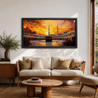 Panoramic impressionist painting of the Kaaba at Masjid al Haram in Mecca with the black cube sanctuary centered within the mosque courtyard. Tall minarets rise above surrounding arcades while dramatic golden sunset skies and expressive brushstrokes fill the wide horizontal composition with warm light and movement.