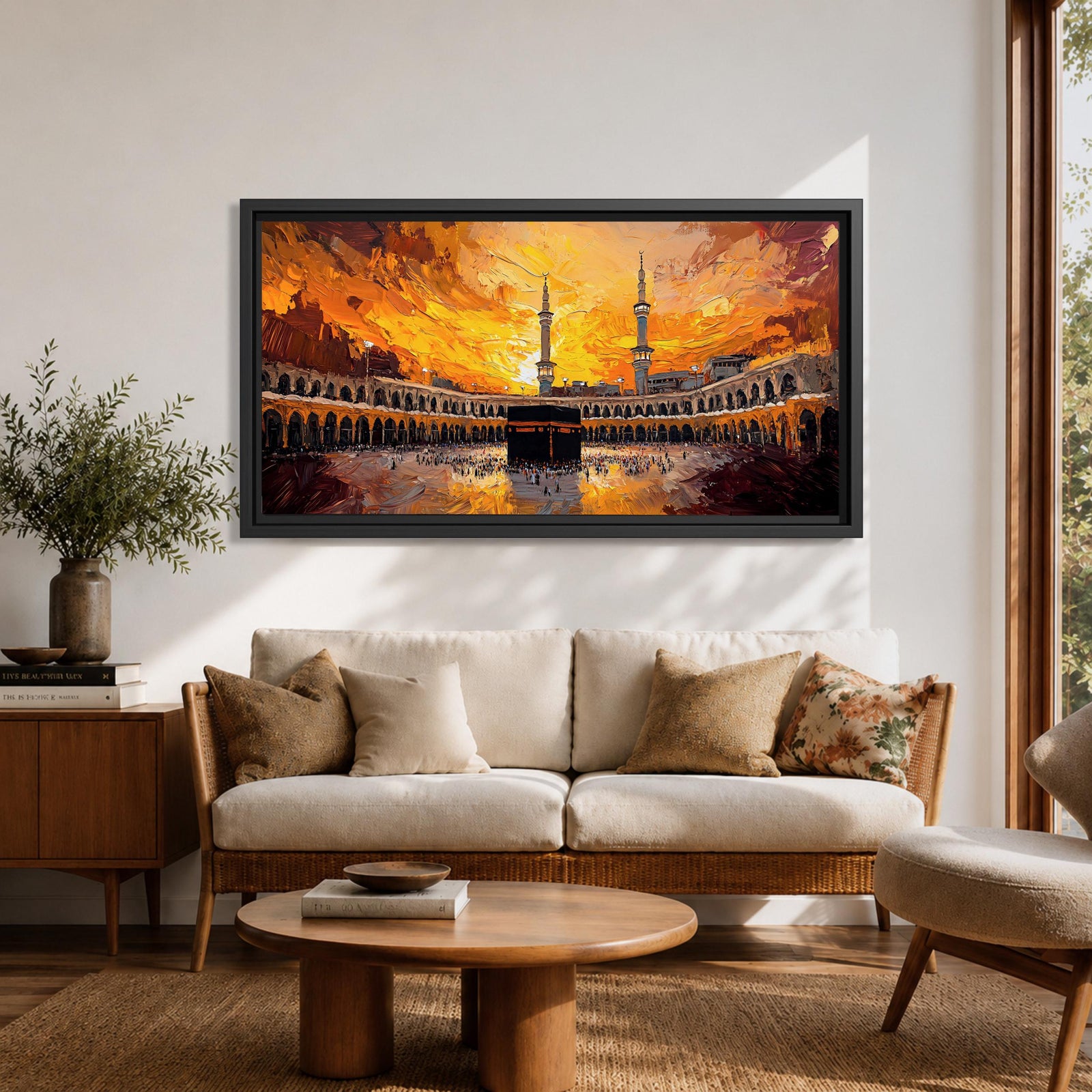 Panoramic impressionist painting of the Kaaba at Masjid al Haram in Mecca with the black cube sanctuary centered within the mosque courtyard. Tall minarets rise above surrounding arcades while dramatic golden sunset skies and expressive brushstrokes fill the wide horizontal composition with warm light and movement.