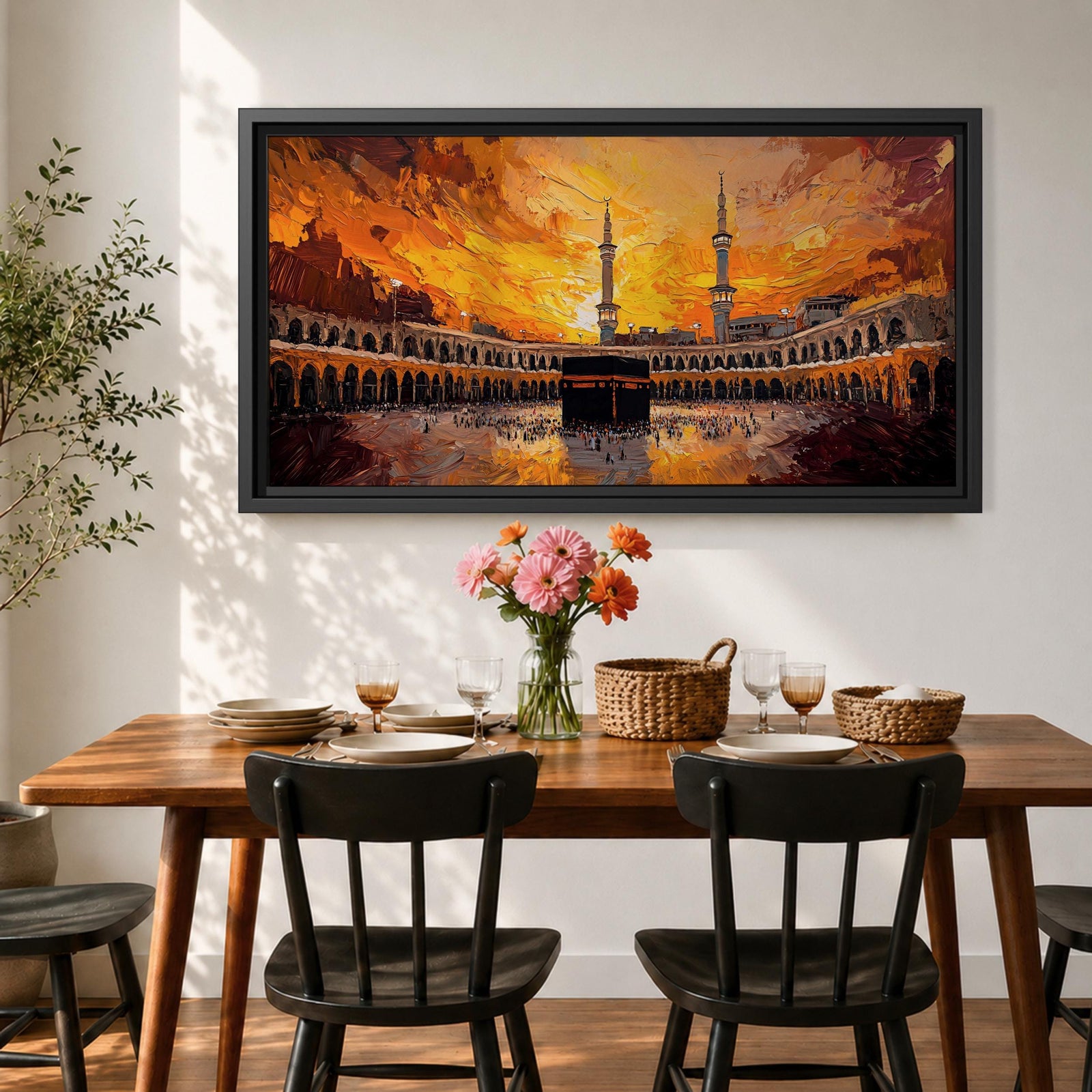Panoramic impressionist painting of the Kaaba at Masjid al Haram in Mecca with the black cube sanctuary centered within the mosque courtyard. Tall minarets rise above surrounding arcades while dramatic golden sunset skies and expressive brushstrokes fill the wide horizontal composition with warm light and movement.
