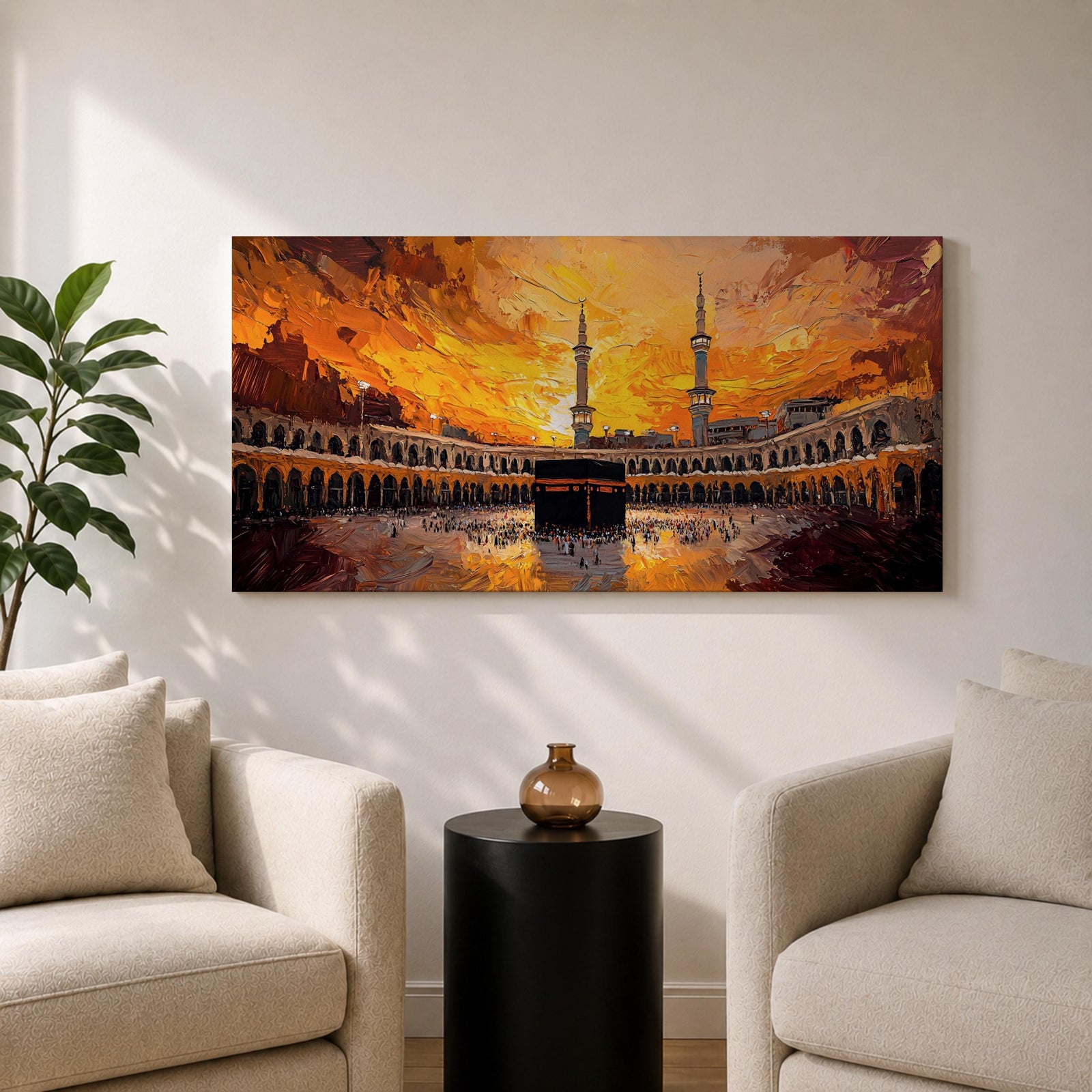 Panoramic impressionist painting of the Kaaba at Masjid al Haram in Mecca with the black cube sanctuary centered within the mosque courtyard. Tall minarets rise above surrounding arcades while dramatic golden sunset skies and expressive brushstrokes fill the wide horizontal composition with warm light and movement.