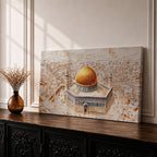 Panoramic textured painting of the Dome of the Rock in Jerusalem featuring the large golden dome rising above the octagonal shrine with blue and stone architectural details. The surrounding Jerusalem cityscape spreads across the background in layered neutral tones while small figures and pathways create depth in the wide horizontal composition.