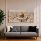 Panoramic textured painting of the Dome of the Rock in Jerusalem featuring the large golden dome rising above the octagonal shrine with blue and stone architectural details. The surrounding Jerusalem cityscape spreads across the background in layered neutral tones while small figures and pathways create depth in the wide horizontal composition.