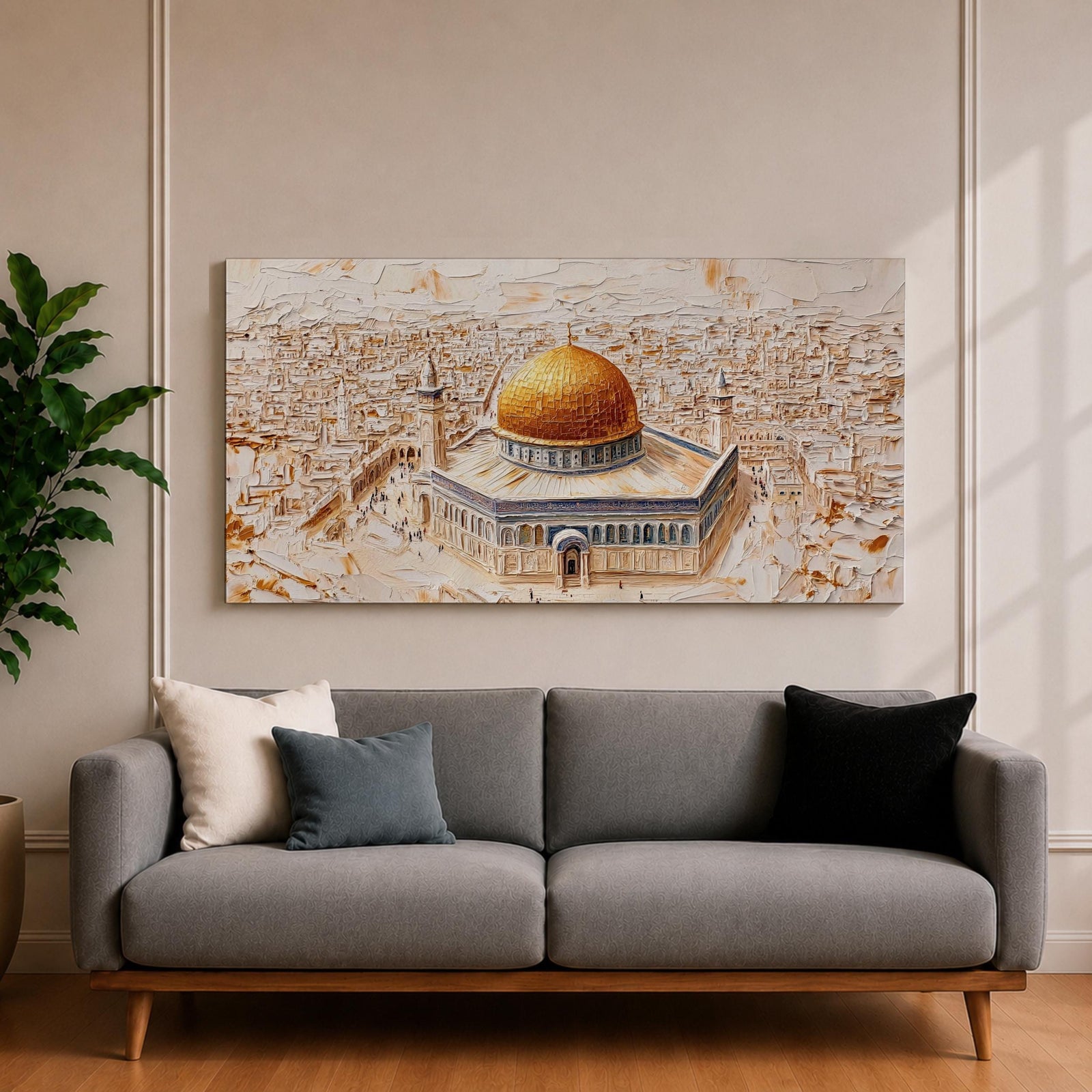 Panoramic textured painting of the Dome of the Rock in Jerusalem featuring the large golden dome rising above the octagonal shrine with blue and stone architectural details. The surrounding Jerusalem cityscape spreads across the background in layered neutral tones while small figures and pathways create depth in the wide horizontal composition.