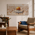 Panoramic textured painting of the Dome of the Rock in Jerusalem featuring the large golden dome rising above the octagonal shrine with blue and stone architectural details. The surrounding Jerusalem cityscape spreads across the background in layered neutral tones while small figures and pathways create depth in the wide horizontal composition.