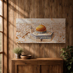 Panoramic textured painting of the Dome of the Rock in Jerusalem featuring the large golden dome rising above the octagonal shrine with blue and stone architectural details. The surrounding Jerusalem cityscape spreads across the background in layered neutral tones while small figures and pathways create depth in the wide horizontal composition.