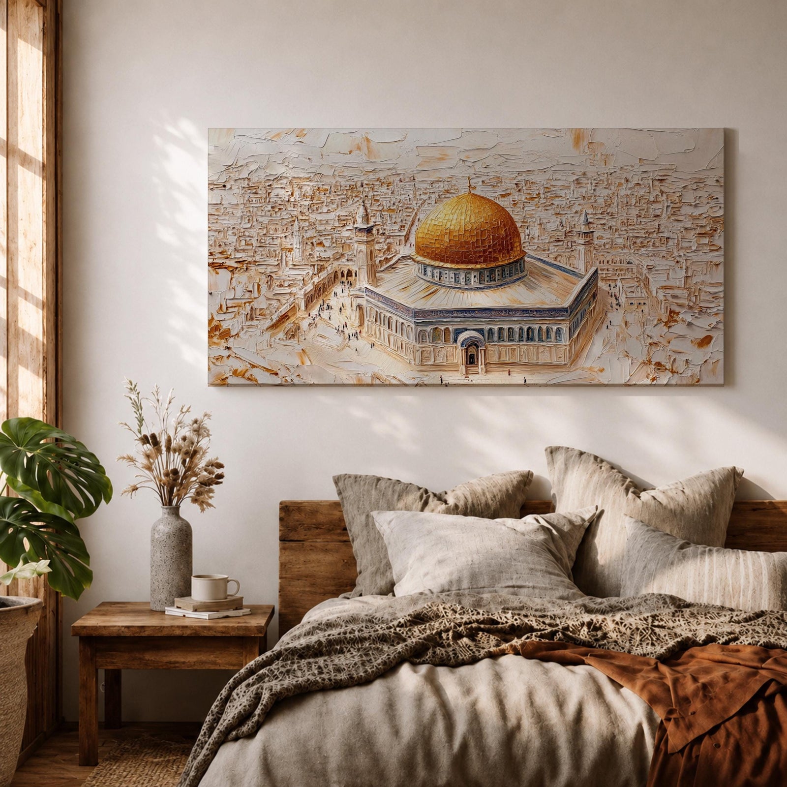 Panoramic textured painting of the Dome of the Rock in Jerusalem featuring the large golden dome rising above the octagonal shrine with blue and stone architectural details. The surrounding Jerusalem cityscape spreads across the background in layered neutral tones while small figures and pathways create depth in the wide horizontal composition.