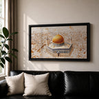 Panoramic textured painting of the Dome of the Rock in Jerusalem featuring the large golden dome rising above the octagonal shrine with blue and stone architectural details. The surrounding Jerusalem cityscape spreads across the background in layered neutral tones while small figures and pathways create depth in the wide horizontal composition.