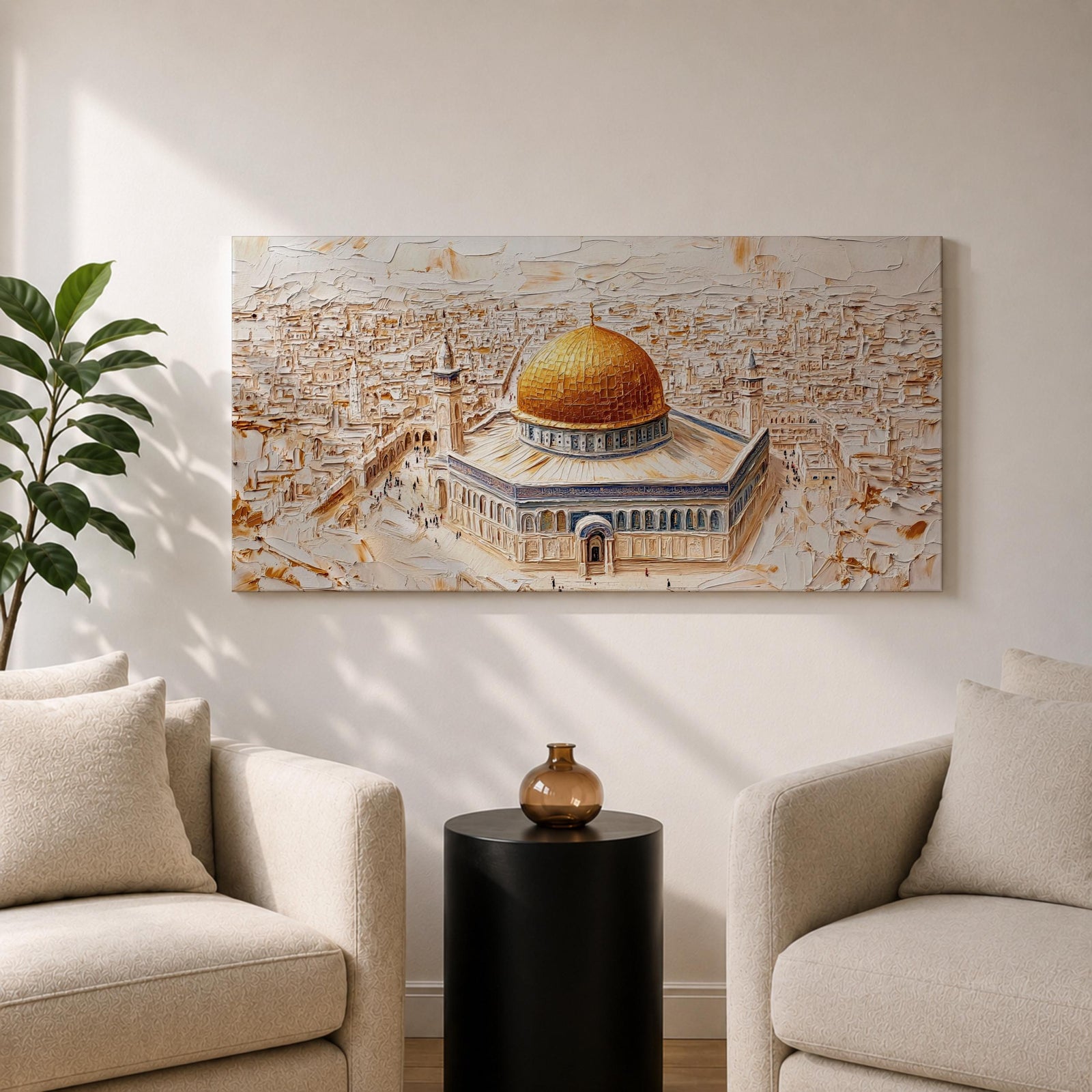 Panoramic textured painting of the Dome of the Rock in Jerusalem featuring the large golden dome rising above the octagonal shrine with blue and stone architectural details. The surrounding Jerusalem cityscape spreads across the background in layered neutral tones while small figures and pathways create depth in the wide horizontal composition.