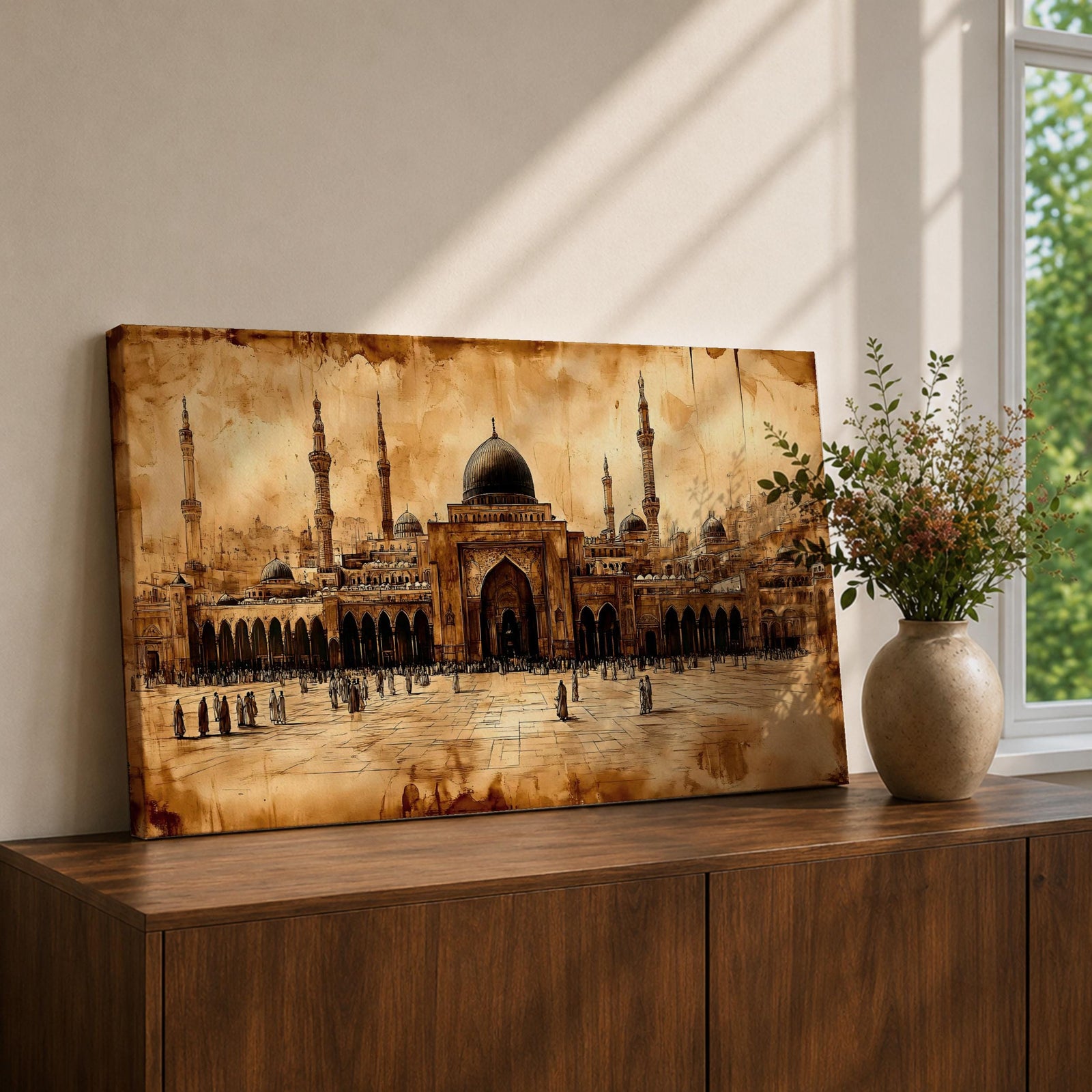 Panoramic painting of Masjid Al Nabawi in Medina featuring the famous green dome surrounded by elegant white minarets and mosque courtyards beneath a glowing sky. Textured palette knife brushstrokes form the domes arches and surrounding city skyline creating a wide Islamic architectural landscape with rich warm tones.