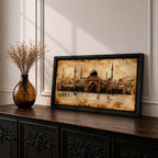 Panoramic painting of Masjid Al Nabawi in Medina featuring the famous green dome surrounded by elegant white minarets and mosque courtyards beneath a glowing sky. Textured palette knife brushstrokes form the domes arches and surrounding city skyline creating a wide Islamic architectural landscape with rich warm tones.