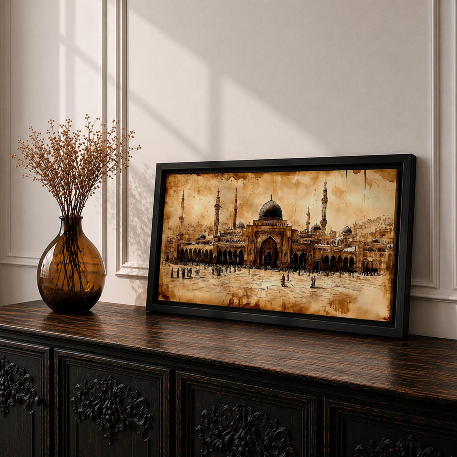 Panoramic painting of Masjid Al Nabawi in Medina featuring the famous green dome surrounded by elegant white minarets and mosque courtyards beneath a glowing sky. Textured palette knife brushstrokes form the domes arches and surrounding city skyline creating a wide Islamic architectural landscape with rich warm tones.