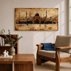Panoramic painting of Masjid Al Nabawi in Medina featuring the famous green dome surrounded by elegant white minarets and mosque courtyards beneath a glowing sky. Textured palette knife brushstrokes form the domes arches and surrounding city skyline creating a wide Islamic architectural landscape with rich warm tones.