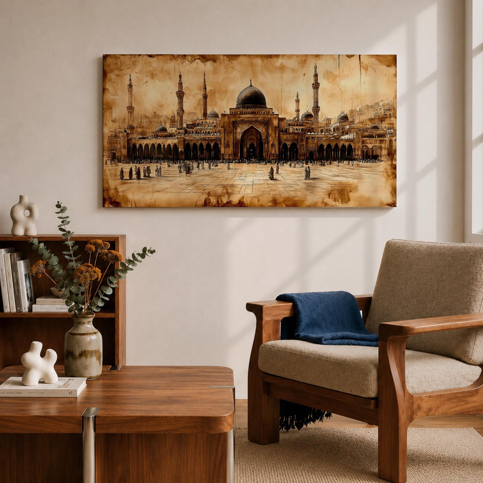 Panoramic painting of Masjid Al Nabawi in Medina featuring the famous green dome surrounded by elegant white minarets and mosque courtyards beneath a glowing sky. Textured palette knife brushstrokes form the domes arches and surrounding city skyline creating a wide Islamic architectural landscape with rich warm tones.