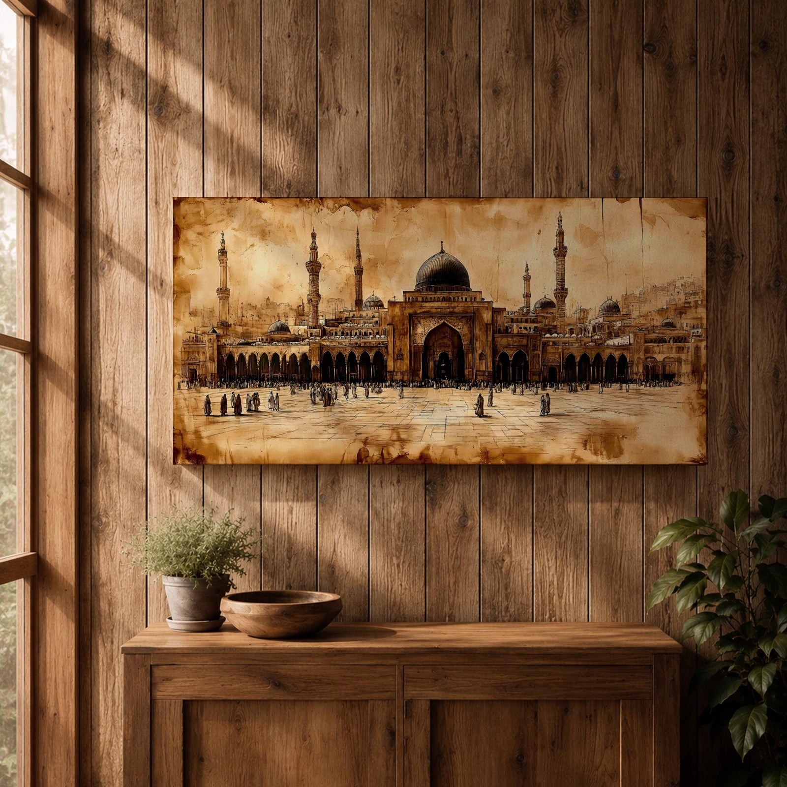 Panoramic painting of Masjid Al Nabawi in Medina featuring the famous green dome surrounded by elegant white minarets and mosque courtyards beneath a glowing sky. Textured palette knife brushstrokes form the domes arches and surrounding city skyline creating a wide Islamic architectural landscape with rich warm tones.