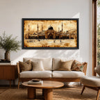Panoramic painting of Masjid Al Nabawi in Medina featuring the famous green dome surrounded by elegant white minarets and mosque courtyards beneath a glowing sky. Textured palette knife brushstrokes form the domes arches and surrounding city skyline creating a wide Islamic architectural landscape with rich warm tones.