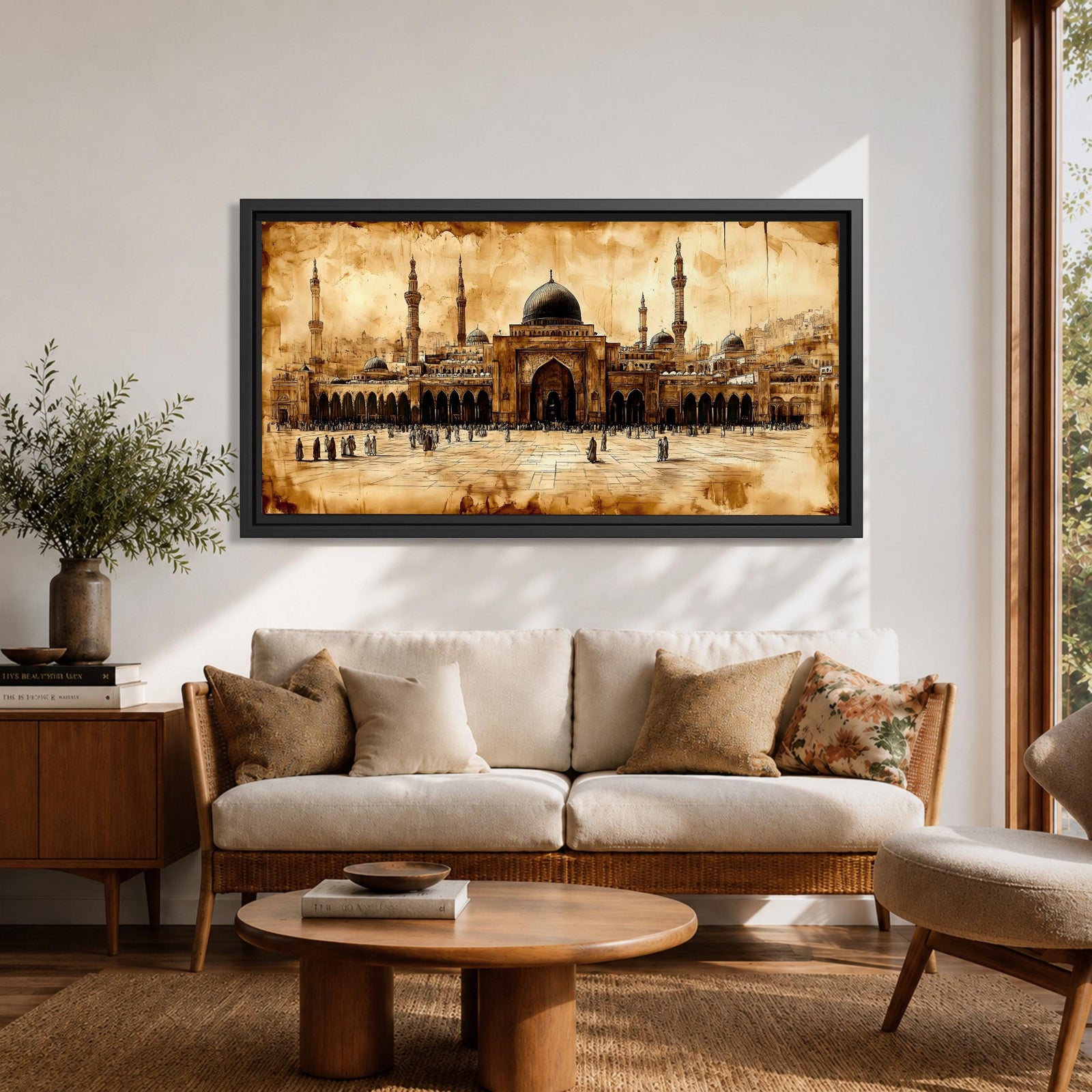 Panoramic painting of Masjid Al Nabawi in Medina featuring the famous green dome surrounded by elegant white minarets and mosque courtyards beneath a glowing sky. Textured palette knife brushstrokes form the domes arches and surrounding city skyline creating a wide Islamic architectural landscape with rich warm tones.