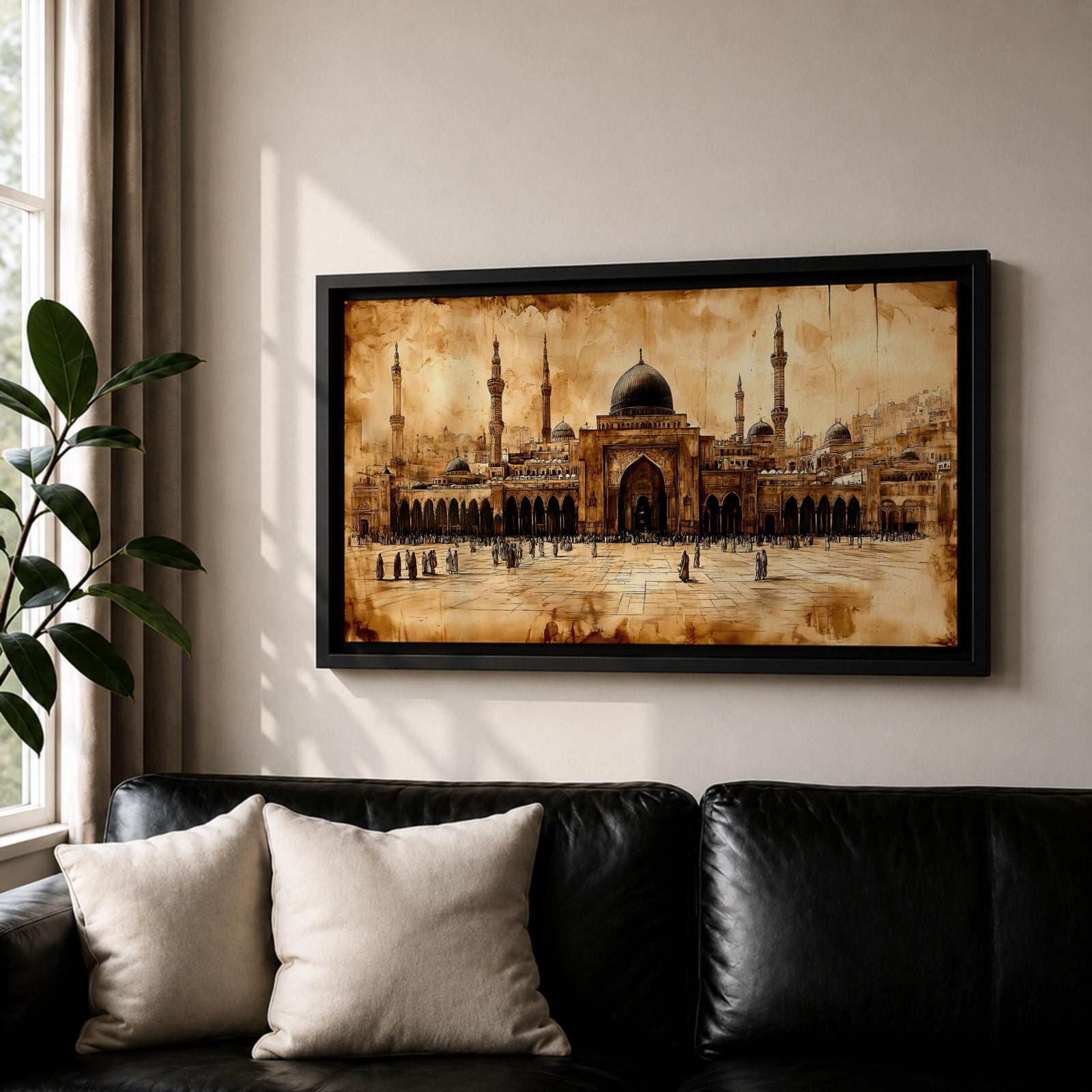 Panoramic painting of Masjid Al Nabawi in Medina featuring the famous green dome surrounded by elegant white minarets and mosque courtyards beneath a glowing sky. Textured palette knife brushstrokes form the domes arches and surrounding city skyline creating a wide Islamic architectural landscape with rich warm tones.