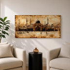 Panoramic painting of Masjid Al Nabawi in Medina featuring the famous green dome surrounded by elegant white minarets and mosque courtyards beneath a glowing sky. Textured palette knife brushstrokes form the domes arches and surrounding city skyline creating a wide Islamic architectural landscape with rich warm tones.