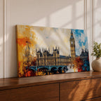Panoramic abstract painting of the London skyline featuring the Elizabeth Tower known as Big Ben rising above the River Thames with surrounding historic buildings and bridge silhouettes. Thick expressive brushstrokes form textured architecture glowing clock faces and layered reflections across the wide cityscape composition.