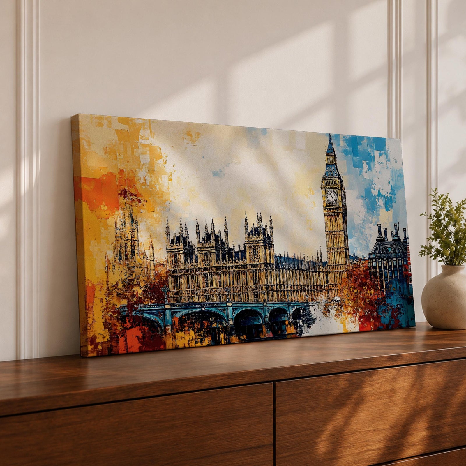 Panoramic abstract painting of the London skyline featuring the Elizabeth Tower known as Big Ben rising above the River Thames with surrounding historic buildings and bridge silhouettes. Thick expressive brushstrokes form textured architecture glowing clock faces and layered reflections across the wide cityscape composition.